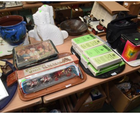 Two trays inc. a quantity of Subbuteo table football teams, two cased Coronation carriages and a boxed vintage Escalado table