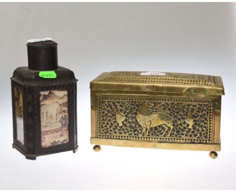 A Chinese metal tea canister inset with four ceramic panels together with an Indian brass rectangular box decorated with elep