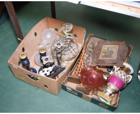 Two boxes inc. carnival glass dish, 19th century turned wooden candlesticks, lustre drop ceiling light etc 