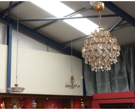 Three gilt metal lustre drop light fittings
