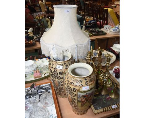 An Oriental jar and cover converted to a table lamp; tog. with a pair of Japanese Satsuma vases