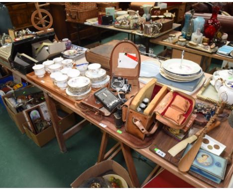 Three trays inc. collectables, vintage camera equipment, a Paragon Malandi pattern tea service, Royal Grafton tea cups and sa
