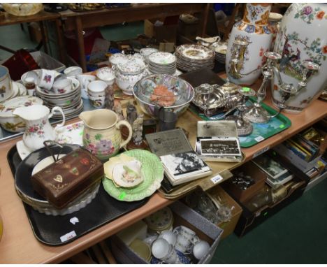 Three trays inc. silver plate, Chinese famille rose punch bowl, pewter measures, a quantity of vintage postcards, Arthur Wood