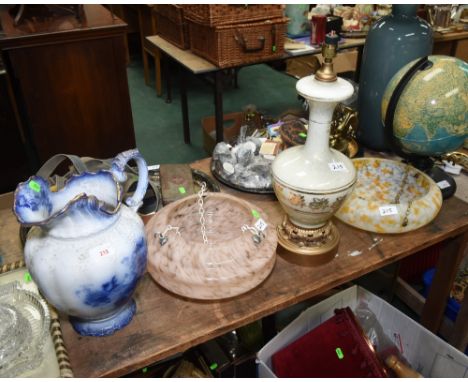 Two marble glass shades; tog. with a modern table lamp and a 19th century jug (a/f)