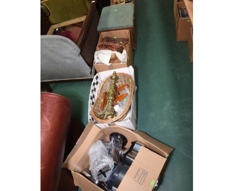 Three boxes inc. linens, curtains, wicker dog bed, table lamp in period style, kitchen wares etc. tog. with a box stool conta