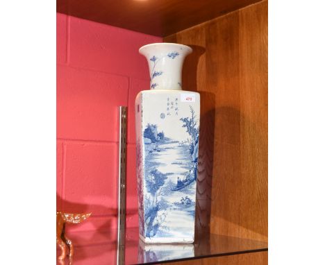 A Large Chinese blue and white porcelain vase of square form decorated with figures in landscapes and calligraphy, with six c