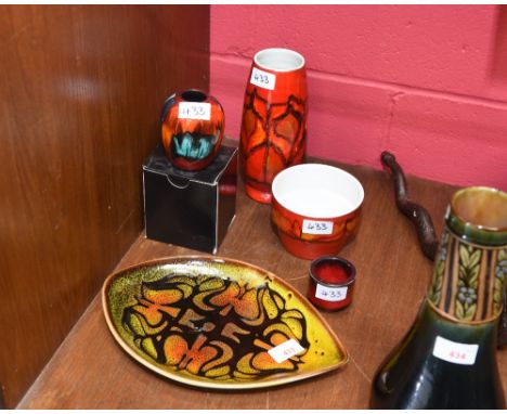 A Poole Pottery diamond shaped dish and four vases, circa 1970