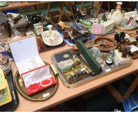 Two trays inc. vintage slide rule, quill stands, paperweights, nutcracker, penknife etc