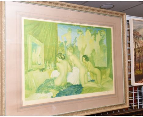 After Sir William Russell Flint, Models for Goddesses, coloured print, signed in the margin and with blindstamp, framed (fade