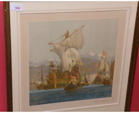 Norman Wilkinson, Ships At Full Sail, print, signed and framed