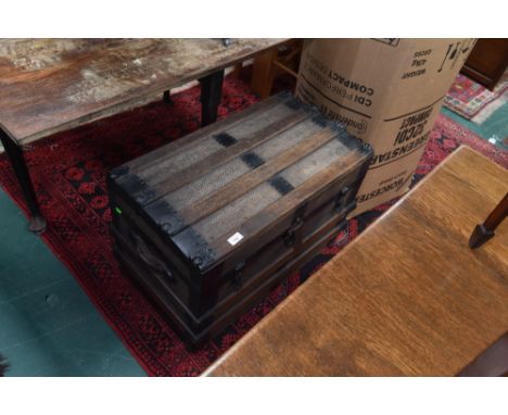 An American metal bound oak travelling trunk, the lock stamped Eagle Rock Co, USA
