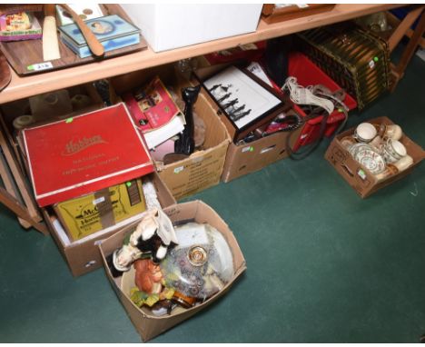 Seven boxes inc. a cased set of Hobbies tools, character jug, carriage clock, dress making patterns, crochet table linens, fa