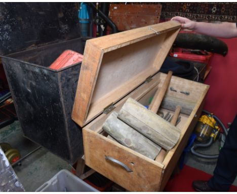 A tin chest containing a quantity of tools; tog. with a wooden chest containing a croquet set