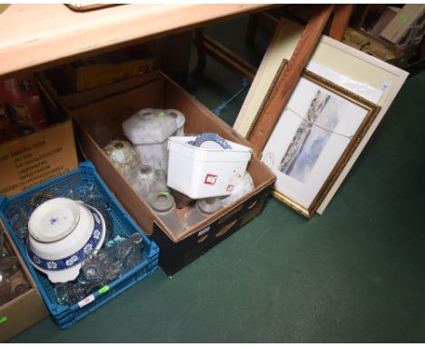 Two boxes inc. a quantity of marbled glass light shades etc