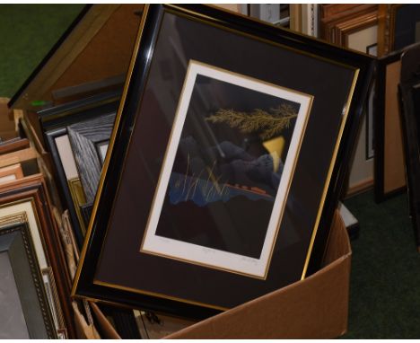 A box of framed articles inc. Guinness advertising mirror, engravings, limited ed. print etc