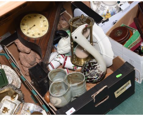 A box inc. an hour glass, an oak cased mantle clock, a vintage camera, cloggs, Italian style glass bird vase, studio pottery 