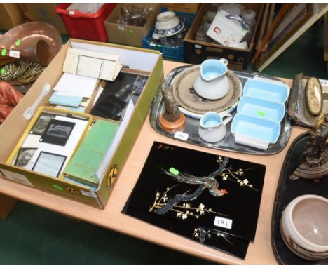 A group of railway related ephemera and negatives; tog. with a tray inc. Poole pottery and two Japanese mother of pearl inlai