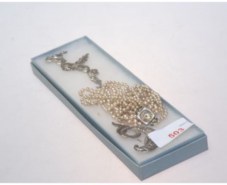 A Scottish sterling silver brooch, modelled as a fish, an Edwardian style pendant marcasite pendant necklace and a imitation 