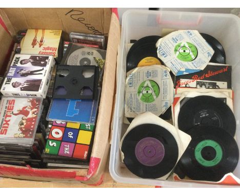 Two boxes of 7inch singles and CDs by various artists including a purple and gold HMV label Elvis single, some demonstration 