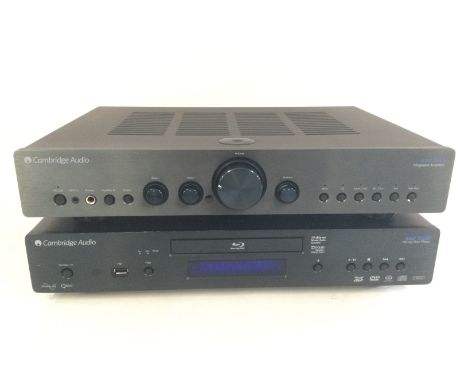 A boxed Cambridge Audio Azur 350A amplifier, a boxed Cambridge Audio Azur 751BD BlueRay player and a Quadaspire five shelf hi