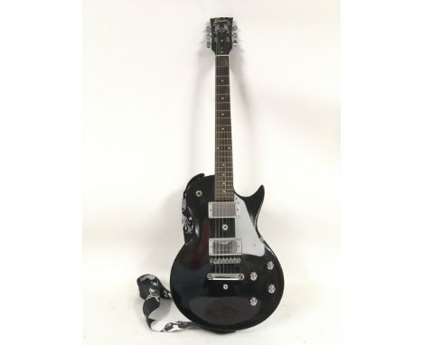 An Encore electric guitar in Les Paul shape with skull head control knobs. Comes with a stand.