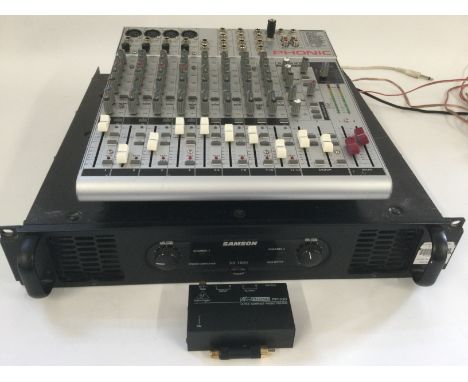 A Samson SX1800 2 channel amplifier, a Phonic AM442D mixer and a Behringer PP400 ultra compact phono preamp (3).