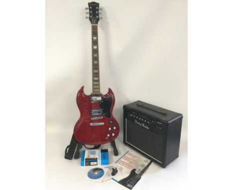A Harley Benton SG style electric guitar with a Harley Benton HB-20R amplifier, stand, carry case and accessories.