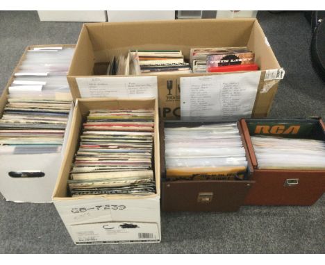 Three boxes and two record cases of 7inch singles by various artists including The Rolling Stones, Elvis Presley, various ind