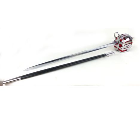 A reproduction Scottish broadsword, with full basket felt lined hilt, leather and wire grip, leather and plated scabbard, bla