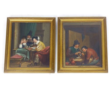 Dutch school, 
figures playing chess and figures smoking in a tavern,
oil on board,
19 x 16 cm,
together with another by the 