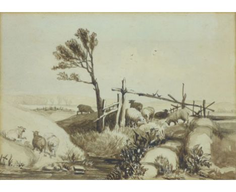Attributed to W J Muller,
sheep grazing by a stream,
watercolour attributed to mount,
17 x 24 cm,
together with a pencil sket