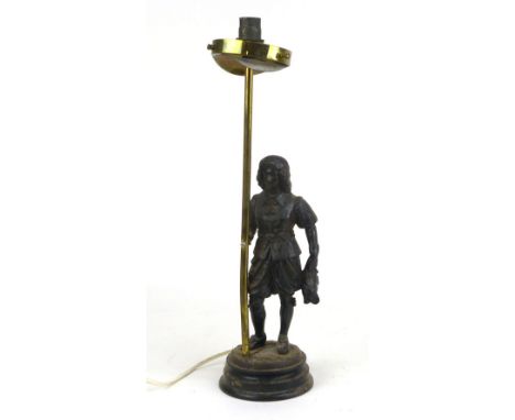 A 19th century school figure of a young man standing, now mounted as a lamp base, cast and bronzed metal, h. 26 cm (excl. lam