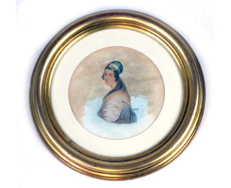 J Forster Gulnare,  
Greek female beauty,
signed lower right Tondo, 
pencil and watercolour, 
d. 13.5 cm 
*inscribed verso 'G