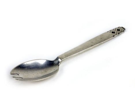 A Georg Jenson silver fork with a geometric design to the handle, impressed marks, weight 30 grams (approx.)