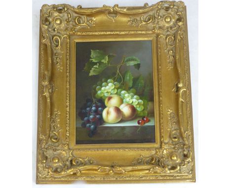 20th century school, 
still life of grapes and peaches on a shelf,
oil on canvas, 
38 x 28 cm  CONDITION REPORT: Good