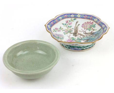 A Chinese famille rose octagonal footed dish, enamelled with two birds on a rock amongst foliage rolling wave decoration to t