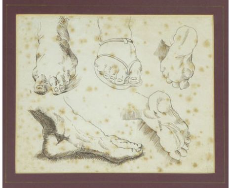 Old Master drawing,
sketches of feet from various angles,
pen and ink, 
15 x 18 cm CONDITION REPORT: Some foxing