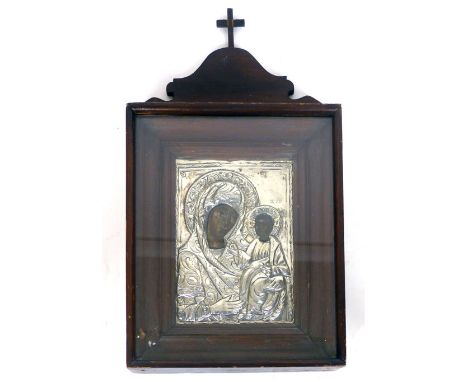 A Greek icon, probably 18th century, 
the virgin and child,
various initials and lettering, 
oil on panel with white metal mo