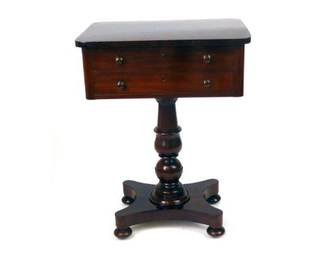 A Victorian mahogany work table, two drawers with turned handles, turned column and shelf foot, h. 77 cm  CONDITION REPORT: S