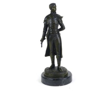After Moreau, a portrait of a young man holding a pistol, green patinated standing on a black marble base, total overall h. 4