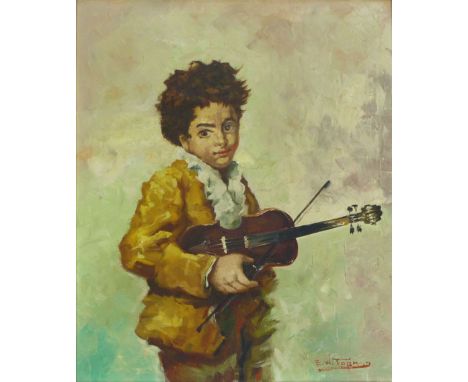 E W Topman,
portrait of a young boy holding a violin, 
signed lower right, 
oil on canvas, 
59 x 48 cm CONDITION REPORT: Good