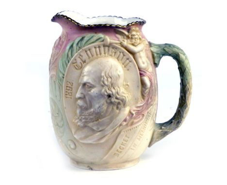 A Doulton Burslem Vellum ware jug decorated in relief with a profile portrait of Lord Tennyson and verso with another portrai