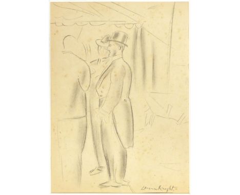 Dame Laura Knight,
a circus ringmaster and other men standing outside a tent,
signed lower right,
pencil drawing,
27 x 18 cm 