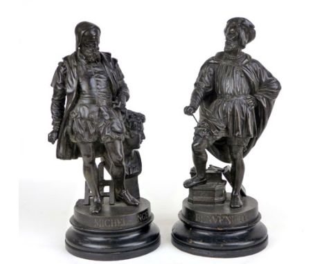 After the old master 'Michelangelo and Benvenuto', a pair of bronzed spelter figures on turned wooden bases, h. 38 cm CONDITI