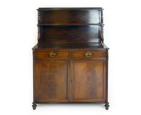 A Victorian and mahogany chiffonier,  two shelf superstructure on a base with two drawers and two cupboards with barley twist