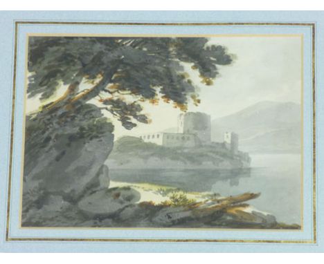 Attributed to Joseph Barber,
a view of a lakeside castle, 
attributed verso,
watercolour,
15 x 21 cm CONDITION REPORT: Good, 