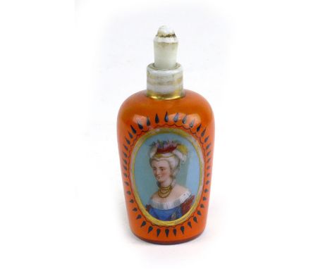 A 19th century opaline glass scent bottle decorated with a head and shoulders portrait of a lady within a gilt oval border, h