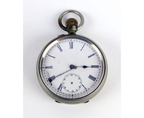 A base metal fob watch, the enamelled dial with subsidiary second dial engraved with a portrait of Ally Sloper, the inside ca
