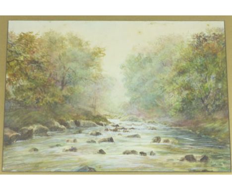 J Douglas, 
'Rocky Stream Scene', 
signed lower right,  
watercolour, 
26 x 37 cm  CONDITION REPORT: Some light foxing otherw