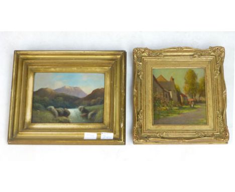 * Newman, 
a village street scene in Derbyshire,
signature lower left,
oil on panel,
16 x 14 cm,
together with another mounta